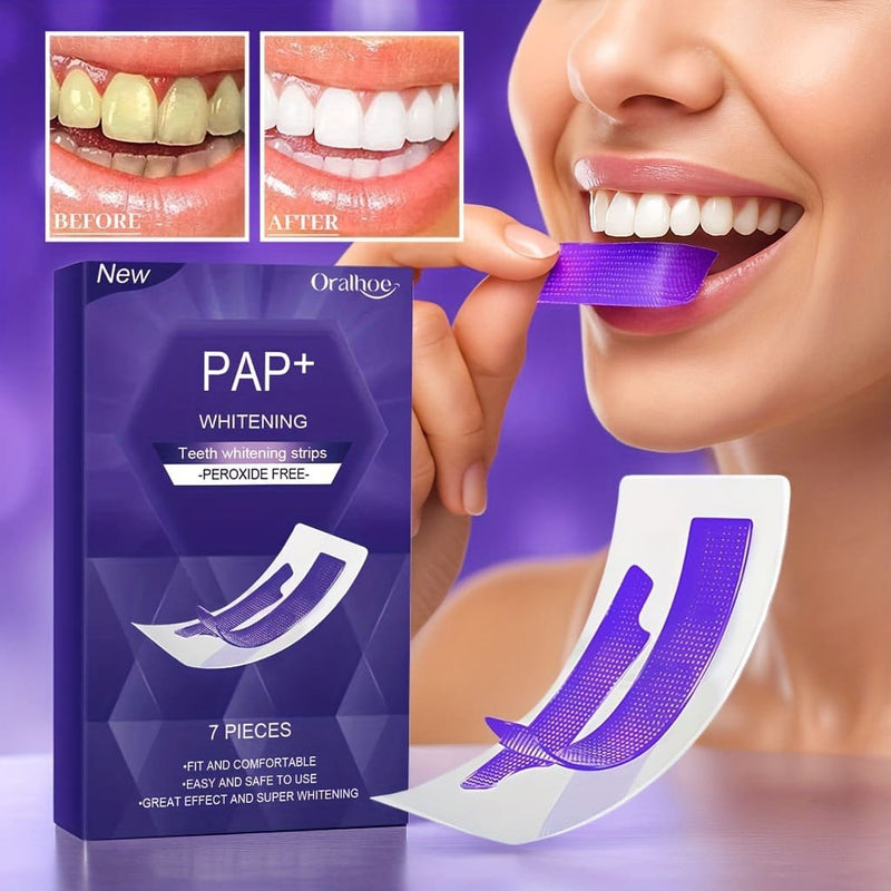 Oralhoo PAP+ teeth whitening strips packaging with a woman using the strips and before/after results.