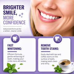 Advertisement for a teeth whitening product with a woman's smile and text about faster whitening and stain removal.