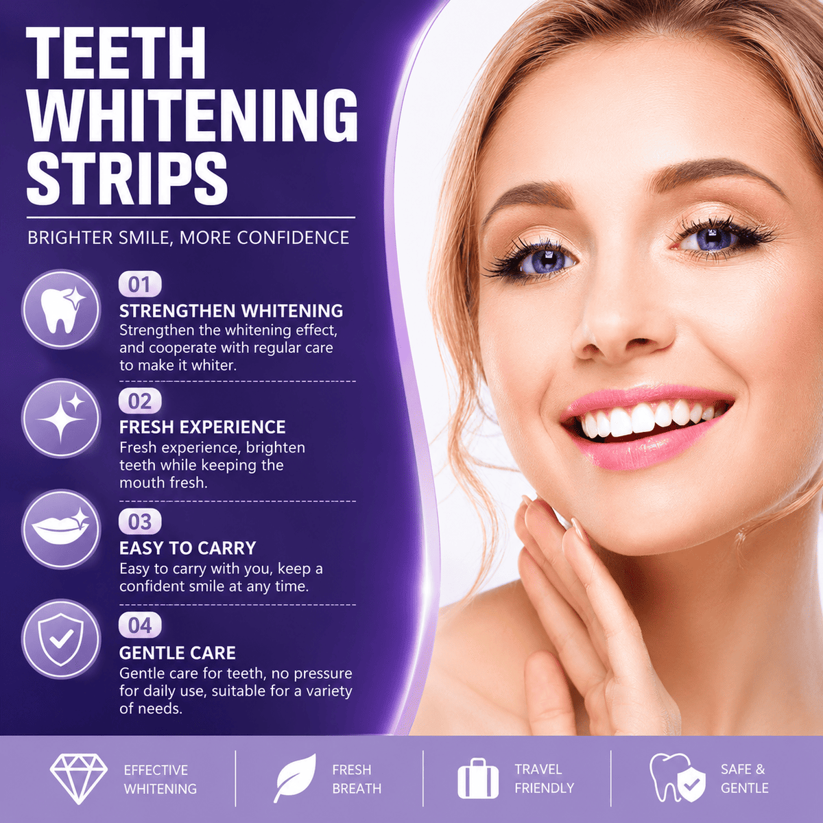 Teeth whitening strips promotional graphic with a smiling woman showing bright white teeth on the right and product benefits text on a purple background on the left.