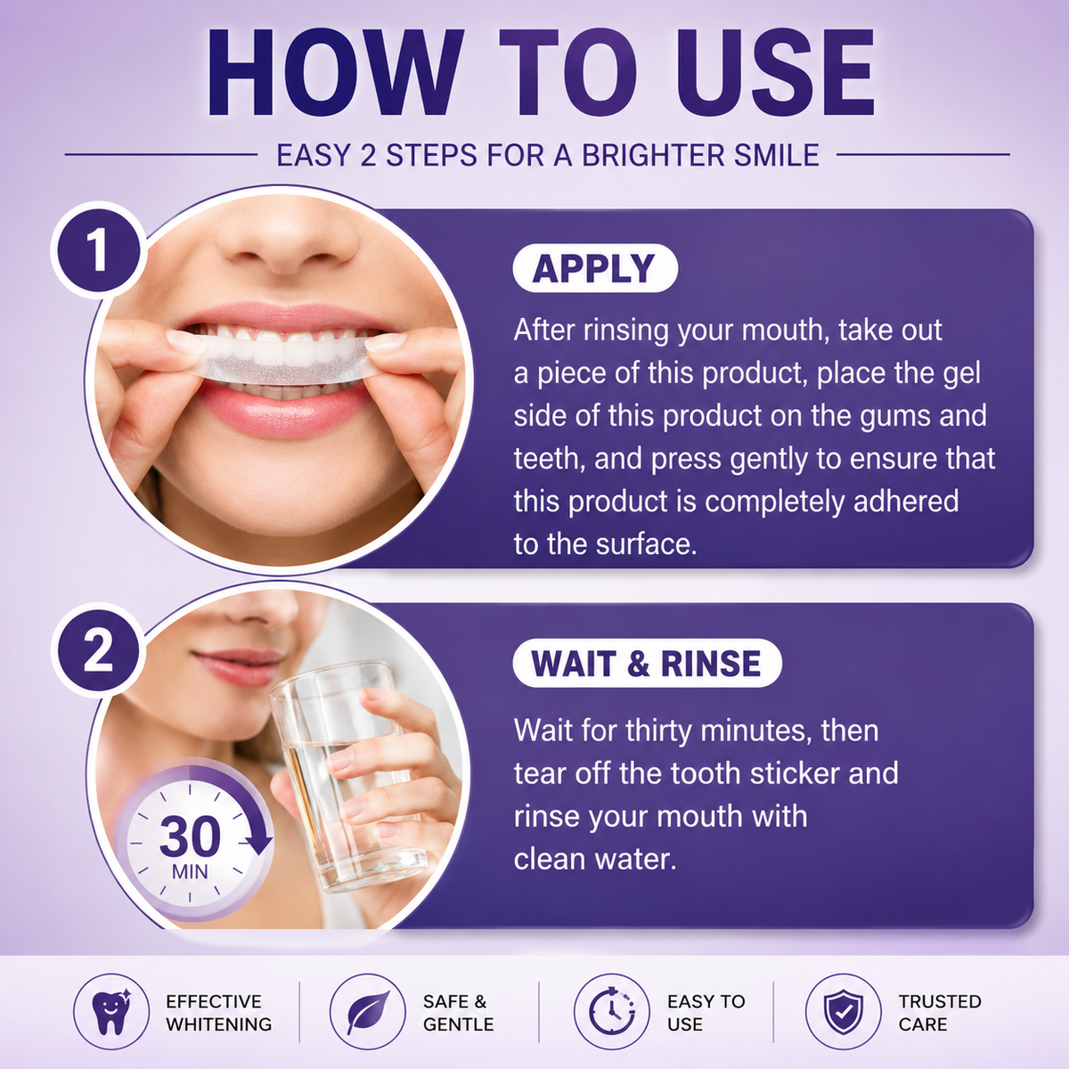 Instructions on how to use a dental product with step-by-step guide and benefits listed.