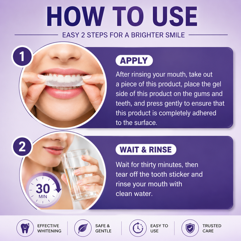 Instructions on how to use a dental product with step-by-step guide and benefits listed.