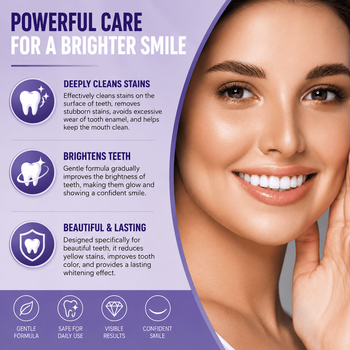 Promotional graphic for a teeth whitening product with text on the left and a close-up of a smiling woman on the right. The design uses a purple and white color scheme with icons representing stain removal, brightening, and lasting results.